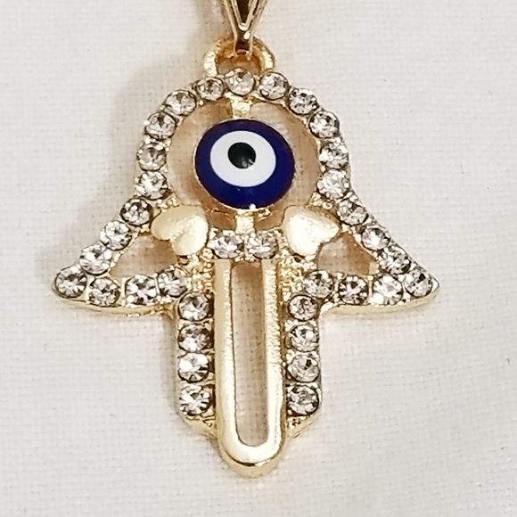 Hamsa Hand with blue Evil Eye Women's Necklace. 14K Gold Plated. New - Picture 2 of 5
